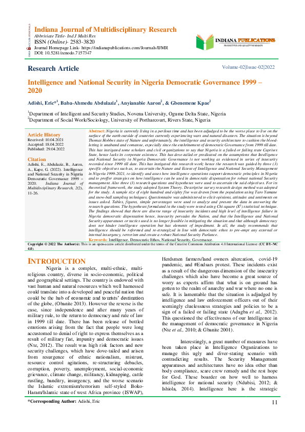 (PDF) Intelligence and National Security in Nigeria Democratic ...