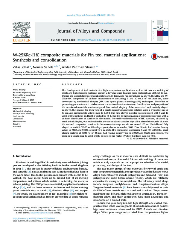 (PDF) W-25%Re-HfC composite materials for Pin tool material ...