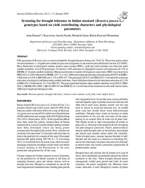 (PDF) Screening for drought tolerance in Indian mustard (Brassica ...