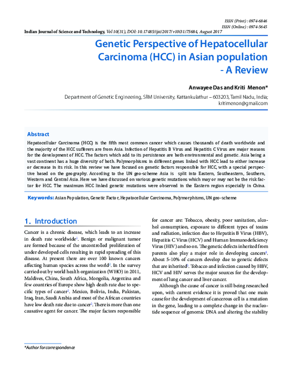 Pdf Genetic Perspective Of Hepatocellular Carcinoma Hcc In Asian