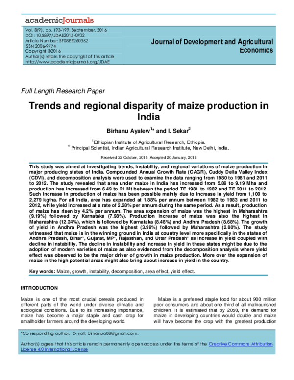 (PDF) Trends and regional disparity of maize production in India