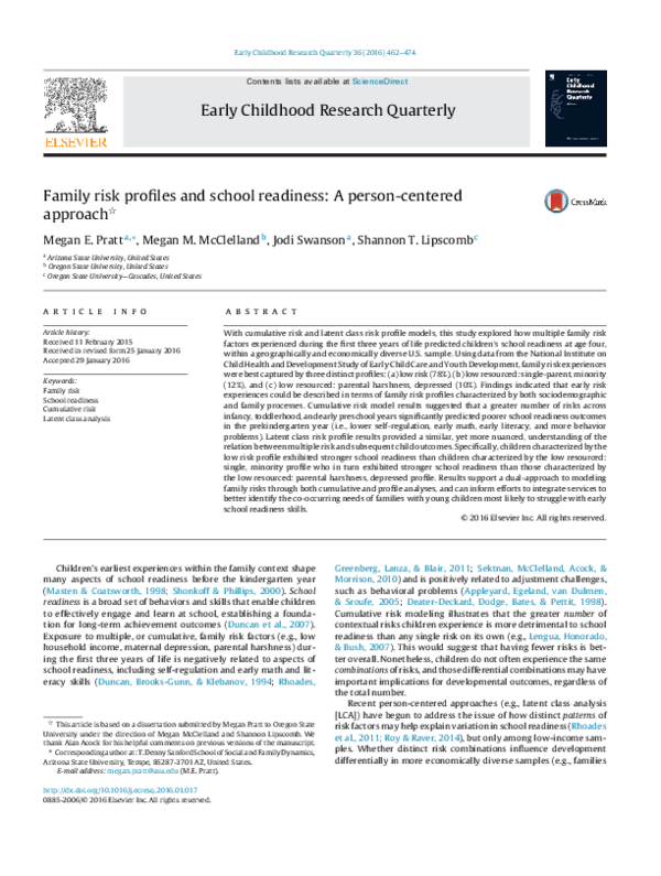 (PDF) Family risk profiles and school readiness: A person-centered approach