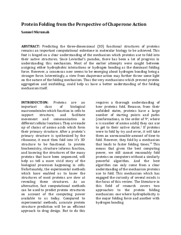 (PDF) Protein Folding from the Perspective of Chaperone Action