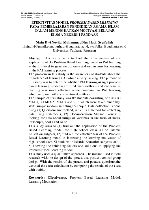 (PDF) Efektivitas Model Problem Based Learning Pada Pembelajaran ...