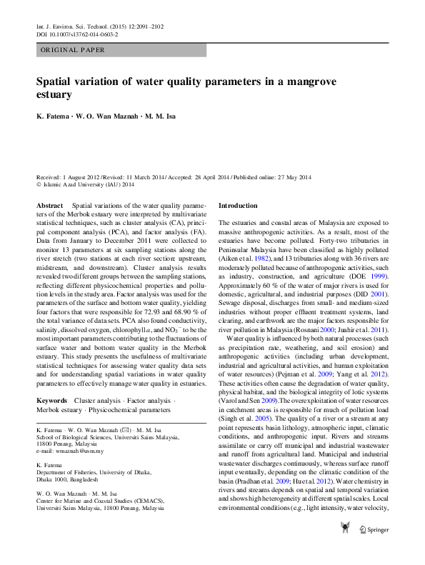 (PDF) Spatial variation of water quality parameters in a mangrove estuary