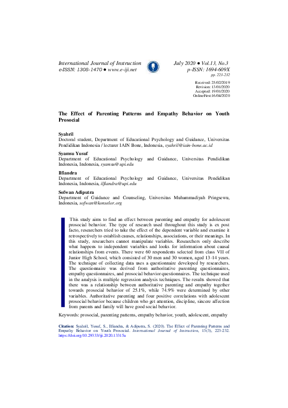 (PDF) The Effect of Parenting Patterns and Empathy Behavior on Youth ...