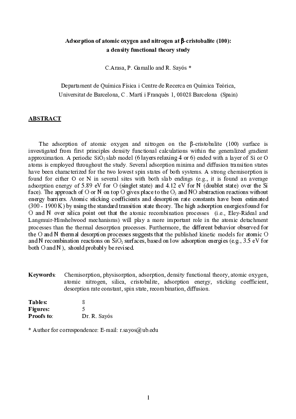 (PDF) Adsorption of Atomic Oxygen and Nitrogen at β-Cristobalite (100 ...