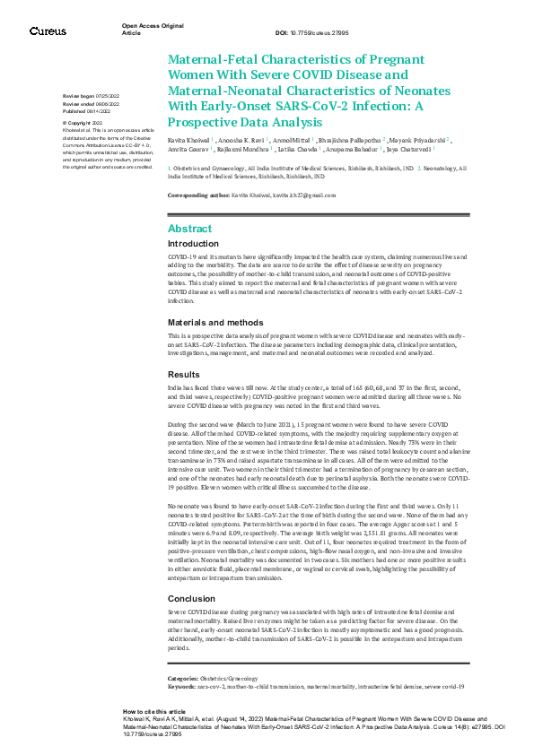 (PDF) Maternal-Fetal Characteristics of Pregnant Women With Severe ...
