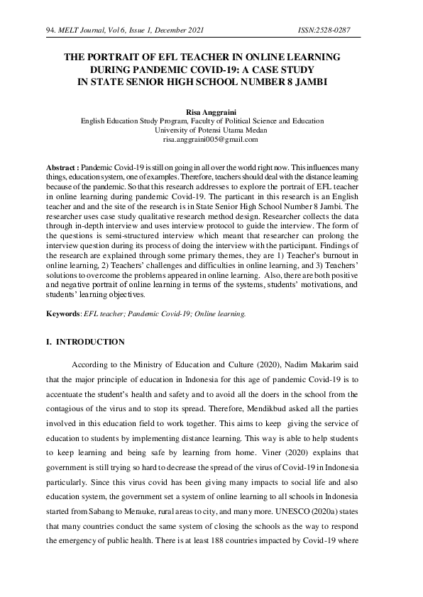 (PDF) The Portrait of Efl Teacher in Online Learning During Pandemic ...
