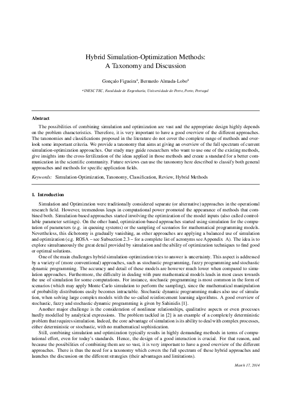 (PDF) Hybrid simulation–optimization methods: A taxonomy and discussion