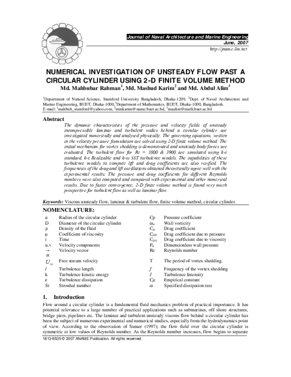 (PDF) Numerical investigation of unsteady flow past a circular cylinder ...