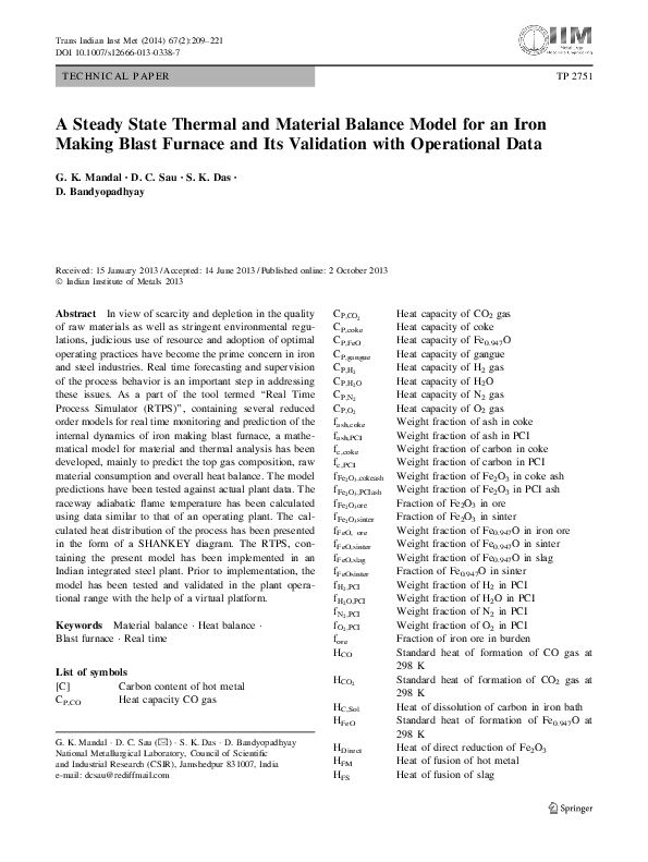 (PDF) A Steady State Thermal and Material Balance Model for an Iron