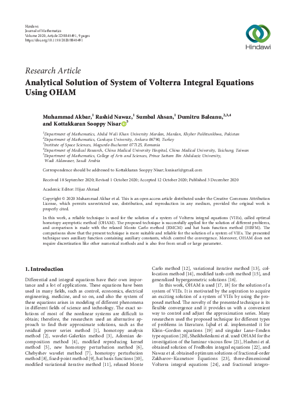 (PDF) Analytical Solution of System of Volterra Integral Equations ...