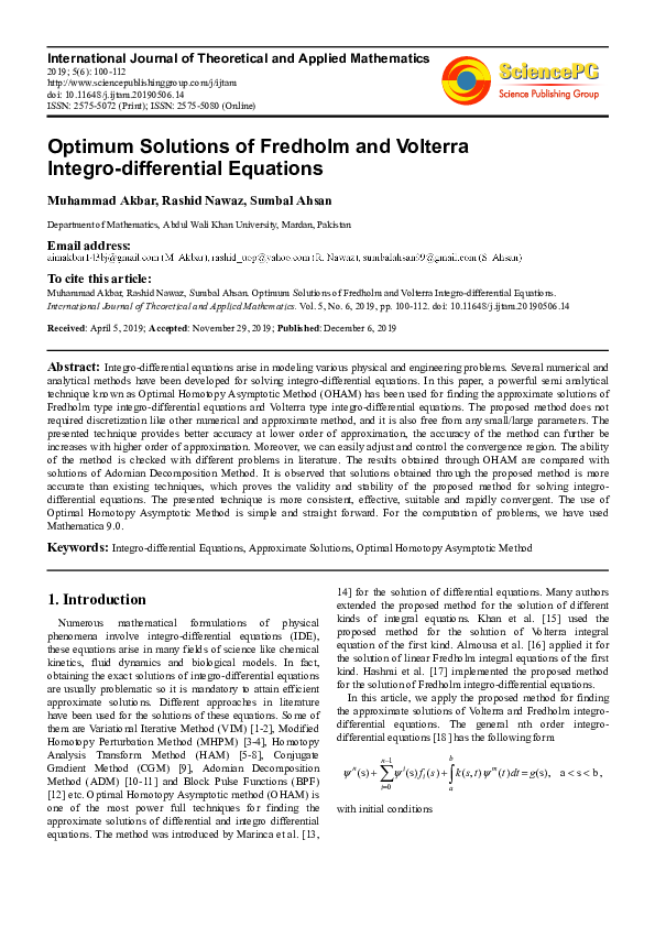 (PDF) Optimum Solutions of Fredholm and Volterra Integro-differential ...