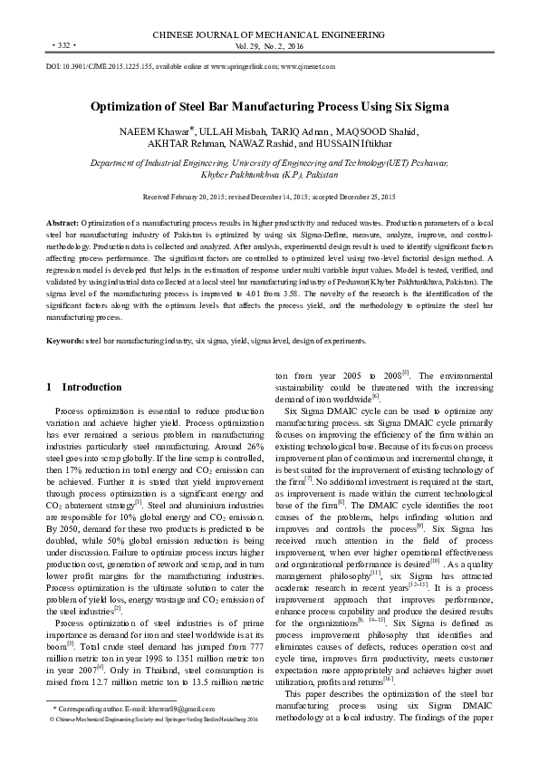 (PDF) Optimization of steel bar manufacturing process using six sigma