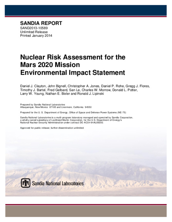 (PDF) Nuclear Risk Assessment for the Mars 2020 Mission Environmental ...