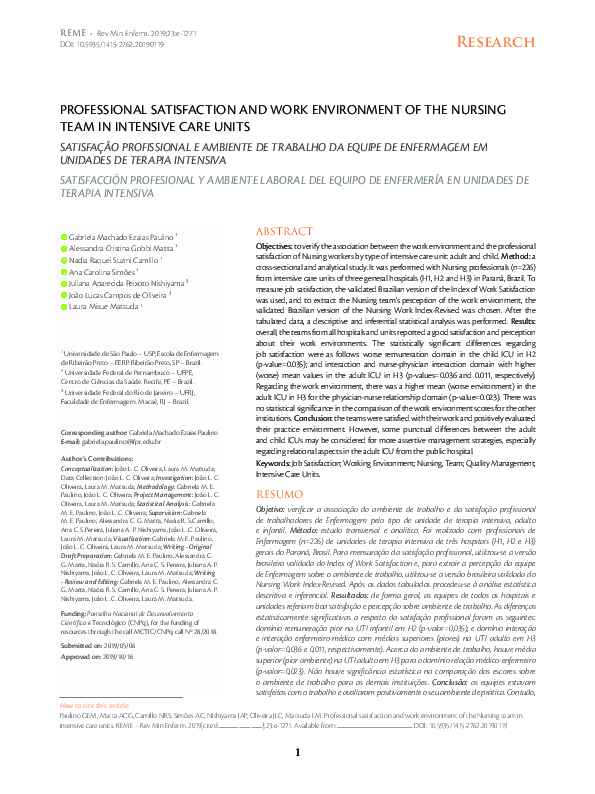 (PDF) Professional Satisfaction and Work Environment of the Nursing ...
