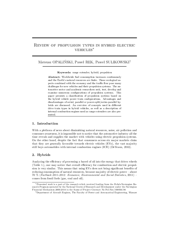 (PDF) Review of propulsion types in hybrid electric vehicles