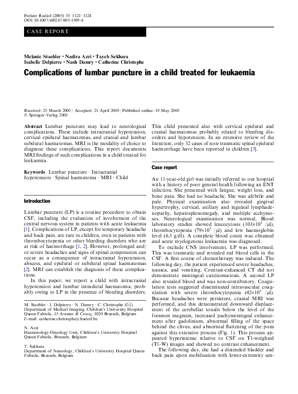(PDF) Complications of lumbar puncture in a child treated for leukaemia
