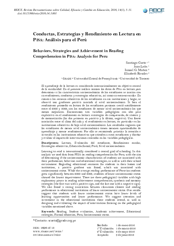 (PDF) Conductas, estrategias y rendimiento en Lectura en Pisa: análisis ...