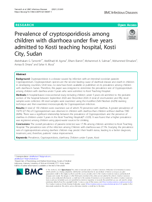 (PDF) Prevalence of Cryptosporidiosis among Children with Diarrhoea ...