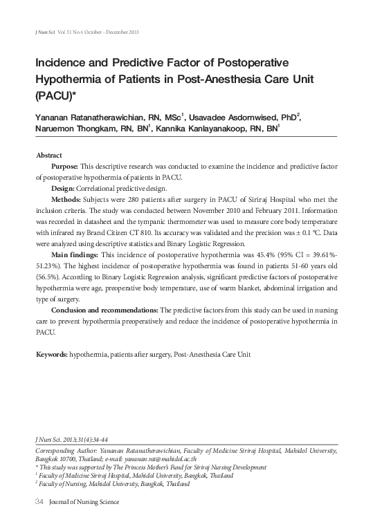 (PDF) Incidence and Predictive Factor of Postoperative Hypothermia of