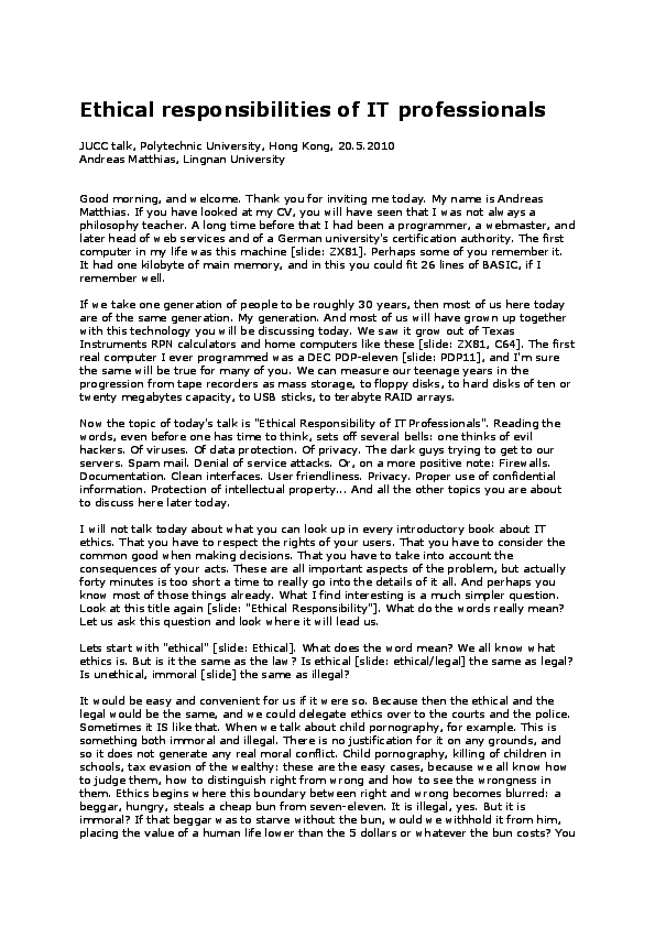 Pdf Ethical Responsibilities Of It Professionals