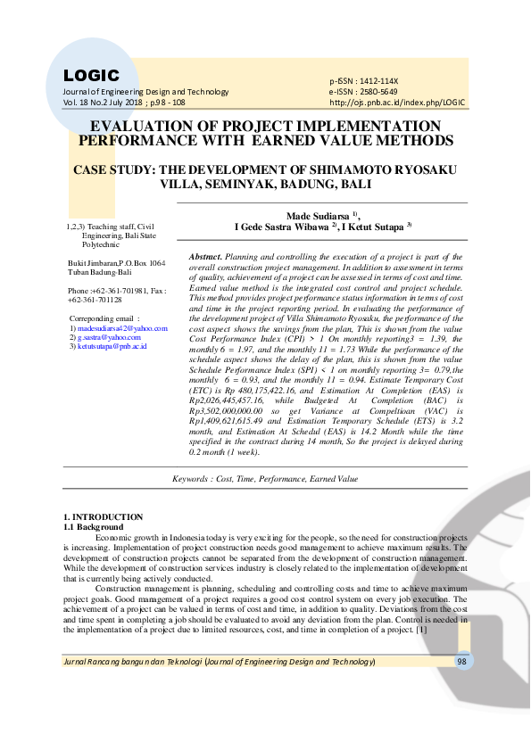 (PDF) Evaluation of Project Implementation Performance with Earned ...
