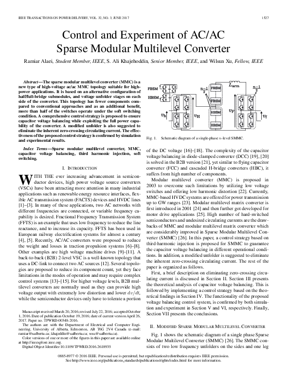 (PDF) Control and Experiment of AC/AC Sparse Modular Multilevel Converter