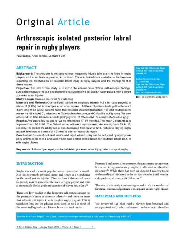 (PDF) Arthroscopic isolated posterior labral repair in rugby players