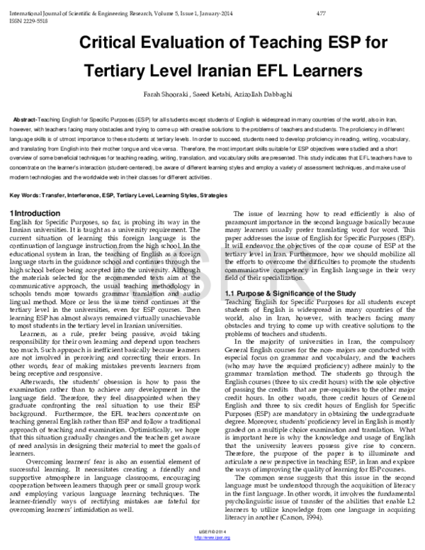 (PDF) Critical Evaluation of Teaching ESP for Tertiary Level Iranian ...