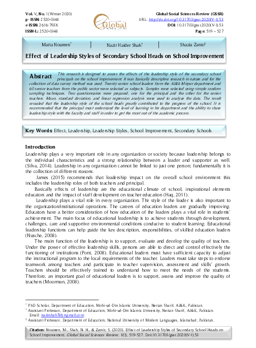(PDF) Effect of Leadership Styles of Secondary School Heads on School ...