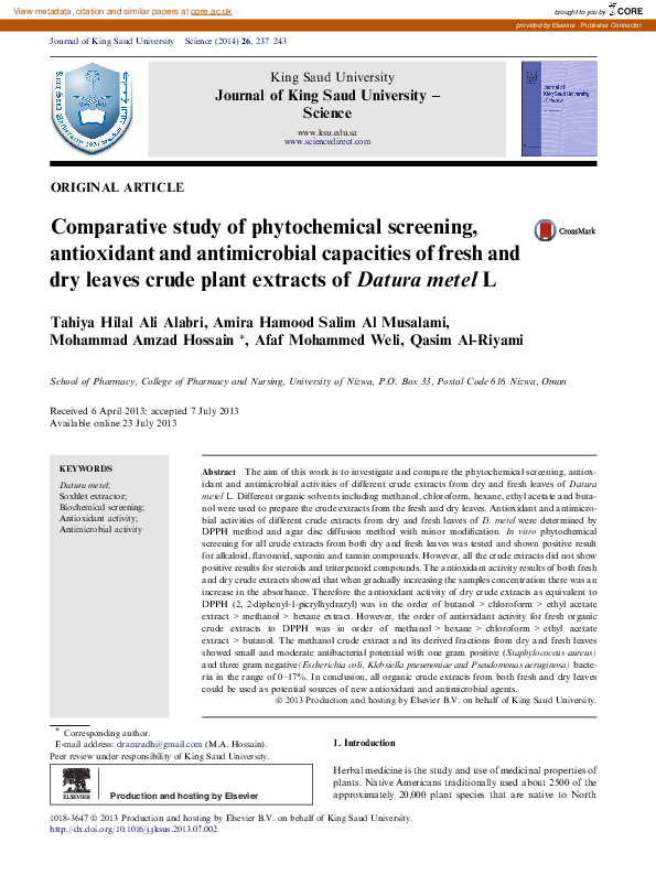 (PDF) Comparative study of phytochemical screening, antioxidant and ...
