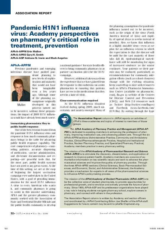 (PDF) Pandemic H1n1 influenza virus: Academy perspectives on pharmacy’s ...