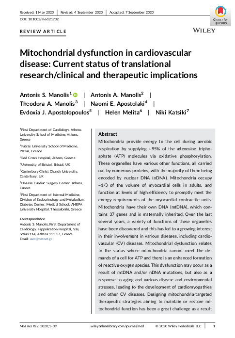 (PDF) Mitochondrial dysfunction in cardiovascular disease: Current ...