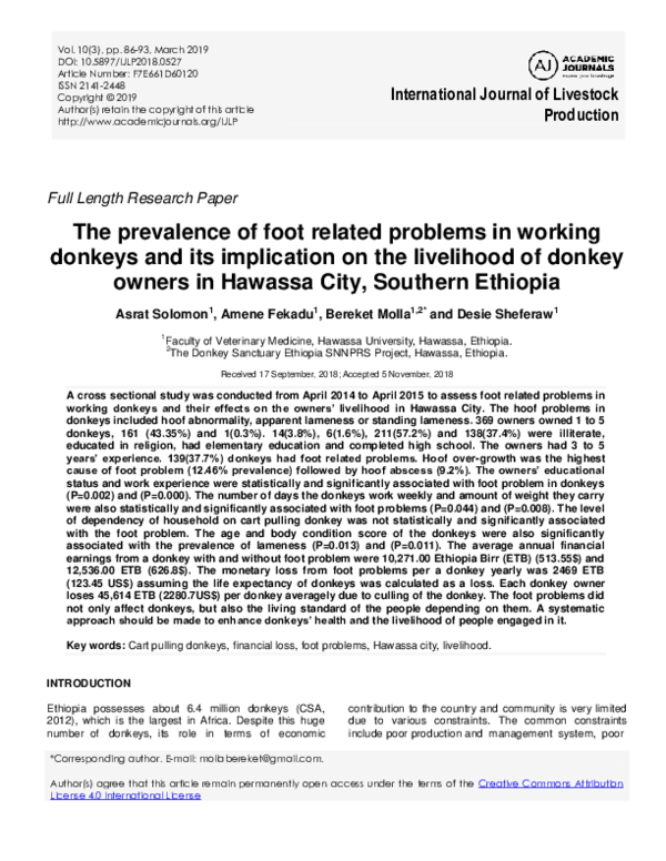 (PDF) The prevalence of foot related problems in working donkeys and ...