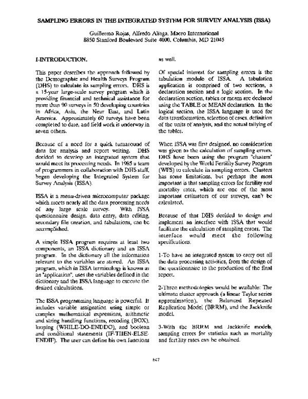 (PDF) IN THE INTEGRATED sYSrEM FOR SURVEY ANALYSIS ( ISSA )