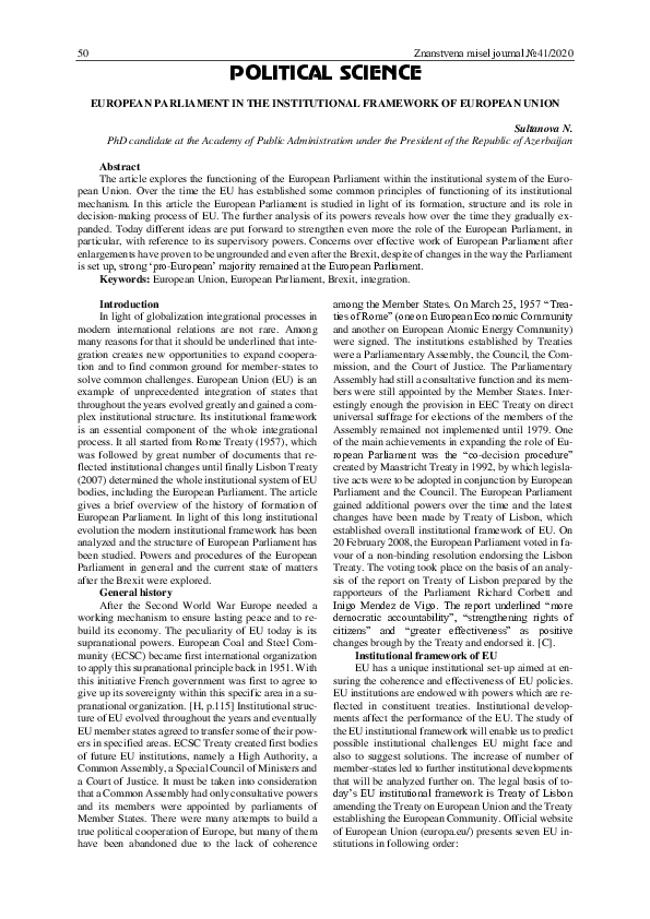 (PDF) EUROPEAN PARLIAMENT IN THE INSTITUTIONAL FRAMEWORK OF EUROPEAN UNION
