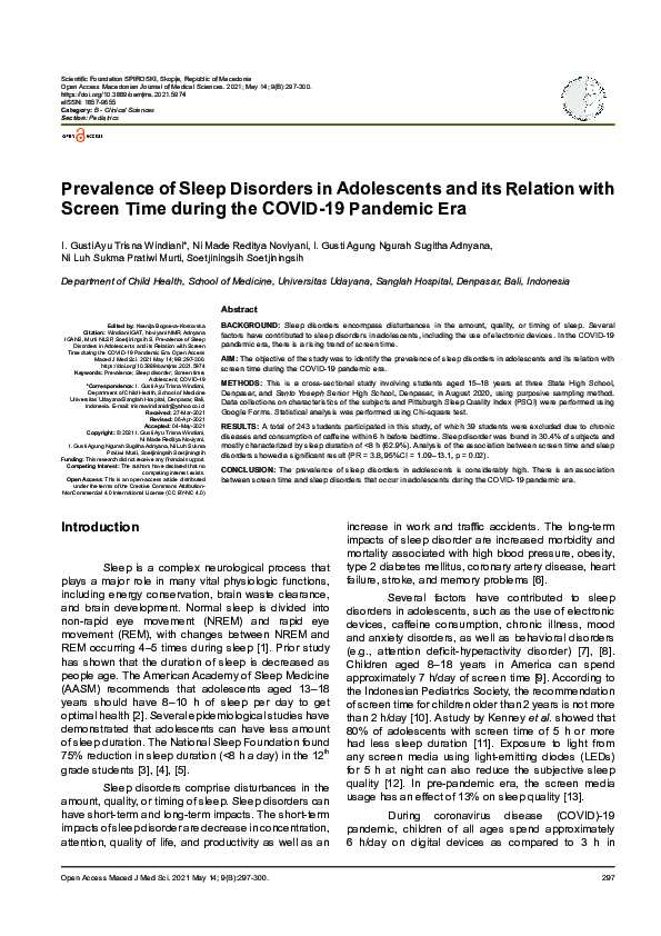 (PDF) Prevalence of Sleep Disorders in Adolescents and its Relation ...