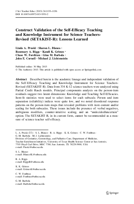 (PDF) Construct Validation of the Self-Efficacy Teaching and Knowledge ...