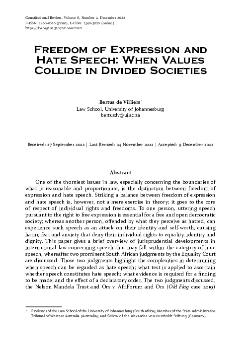 (PDF) Freedom of Expression and Hate Speech: When Values Collide in ...