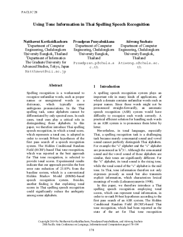 (PDF) Using Tone Information in Thai Spelling Speech Recognition