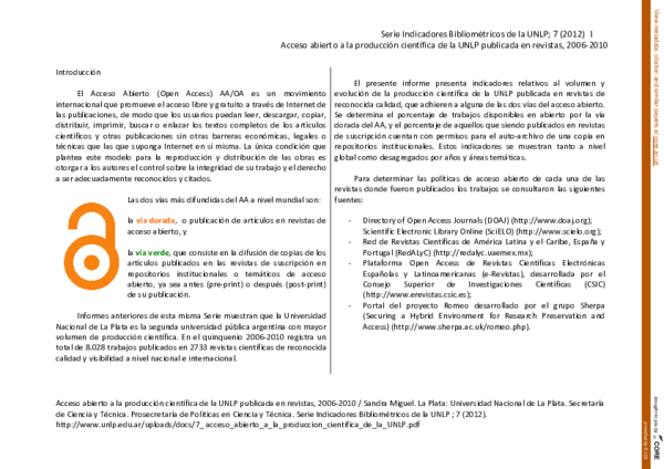 (PDF) Acceso Abierto a la producción científica de la UNLP publicada en ...