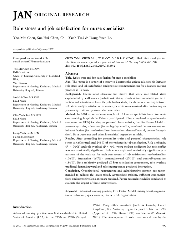 (PDF) Role stress and job satisfaction for nurse specialists
