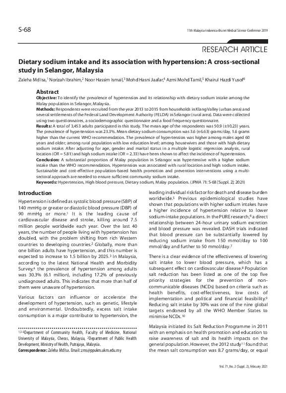 (PDF) Dietary sodium intake and its association with hypertension: A ...