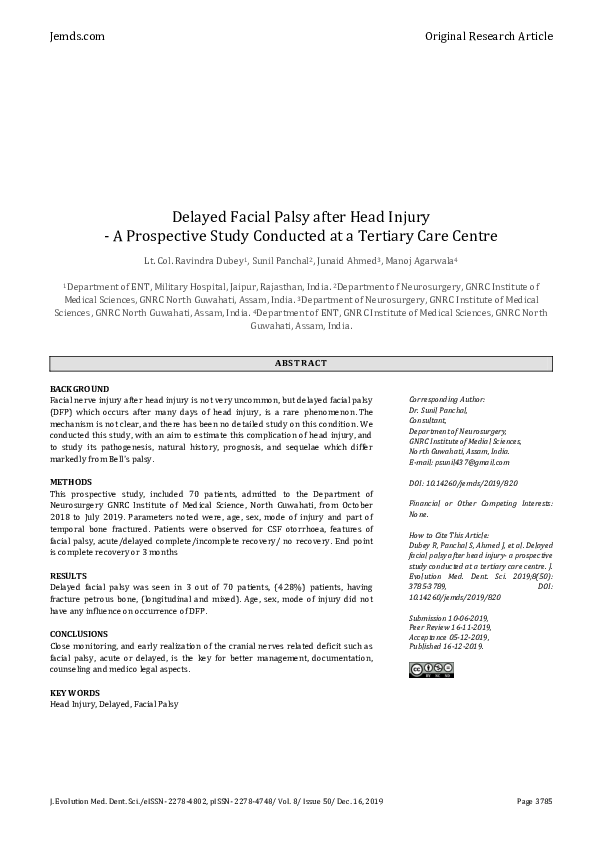 (PDF) Delayed Facial Palsy after Head Injury - A Prospective Study ...