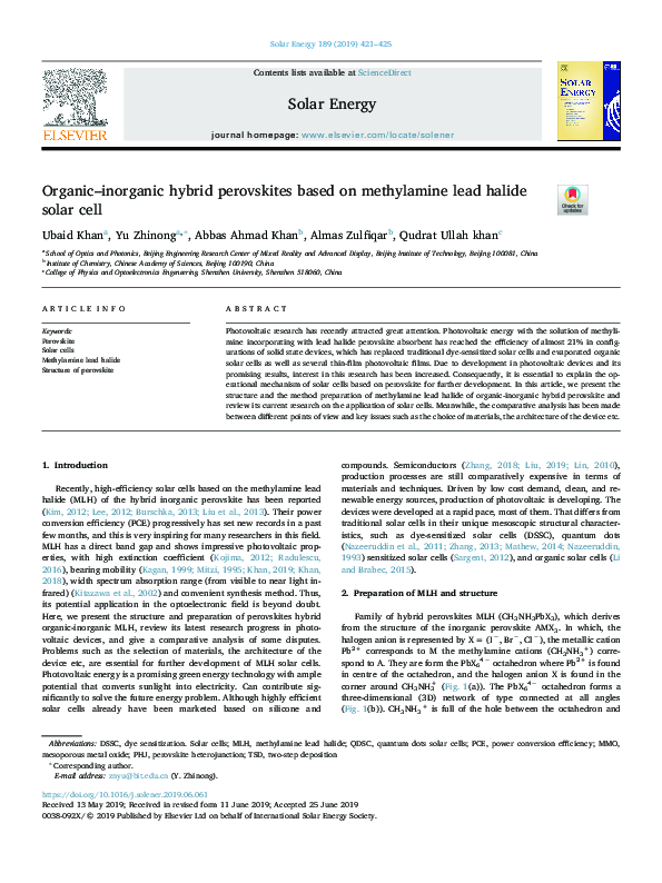 Organic–inorganic hybrid perovskites based on methylamine lead halide solar cell