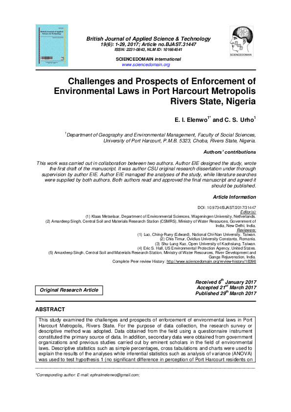 (PDF) Challenges and Prospects of Enforcement of Environmental Laws in ...