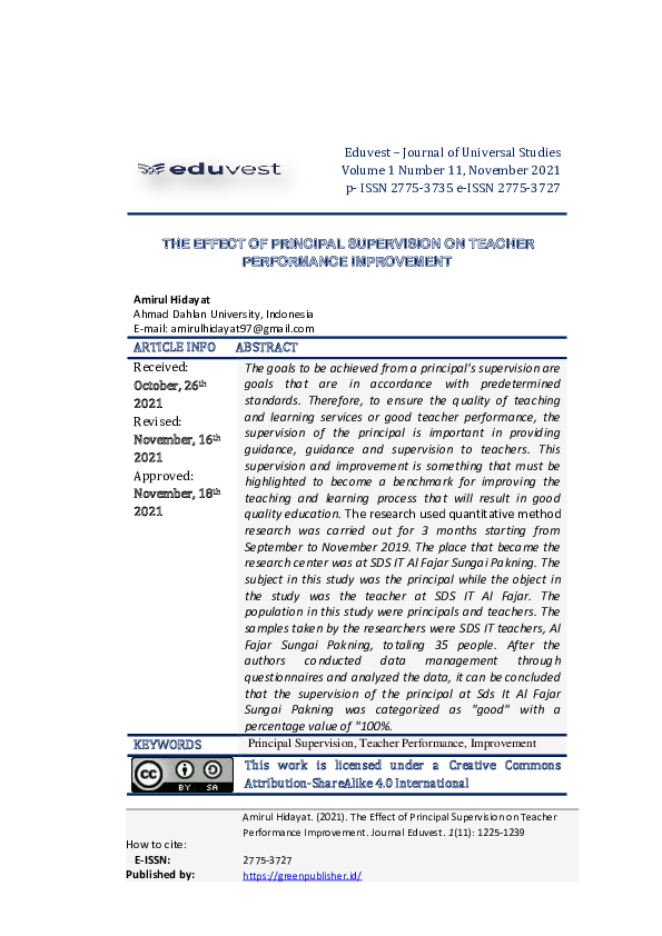 (PDF) The Effect Of Principal Supervision On Teacher Performance ...
