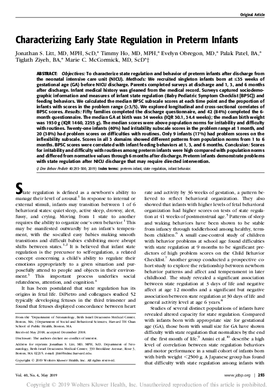 (PDF) Characterizing Early State Regulation in Preterm Infants